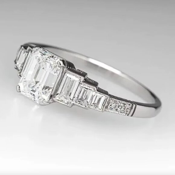 14k White Gold Diamond Ring Band Emerald Cut Ring Band - Picture 2 of 4